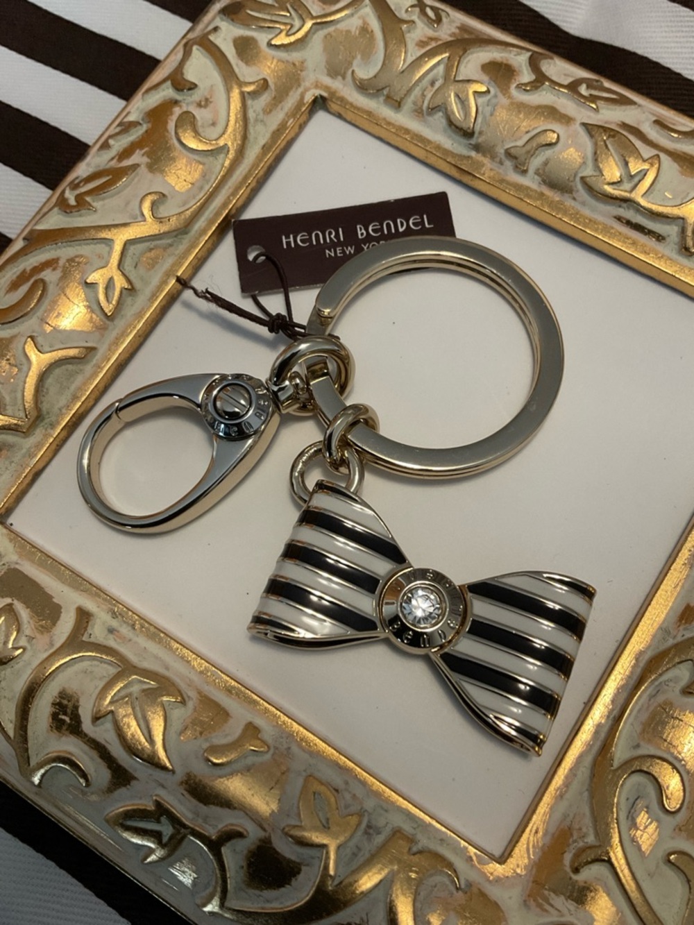 Henri Bendel Centennial Striped Bow Key Fob Purse Charm - Enamel & Crystal
